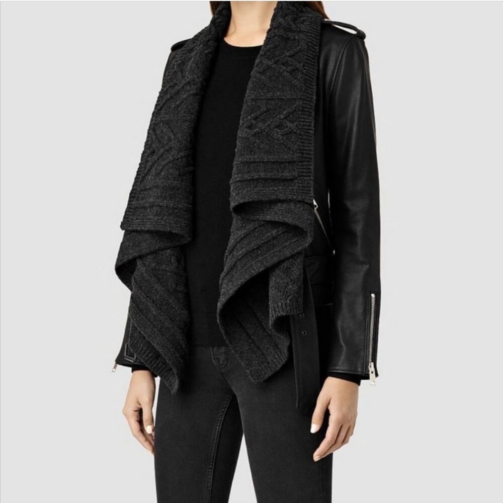 All Saints Wrap Cable Jacket Genuine Goat Leather Size 0 Black Draped Open Front